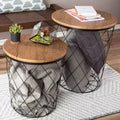 Lavish Home End Table with Storage  Set of 2 Round Nesting Tables with Diamond Pattern Wire Basket Wood Tops, Industrial Farmhouse Side Table