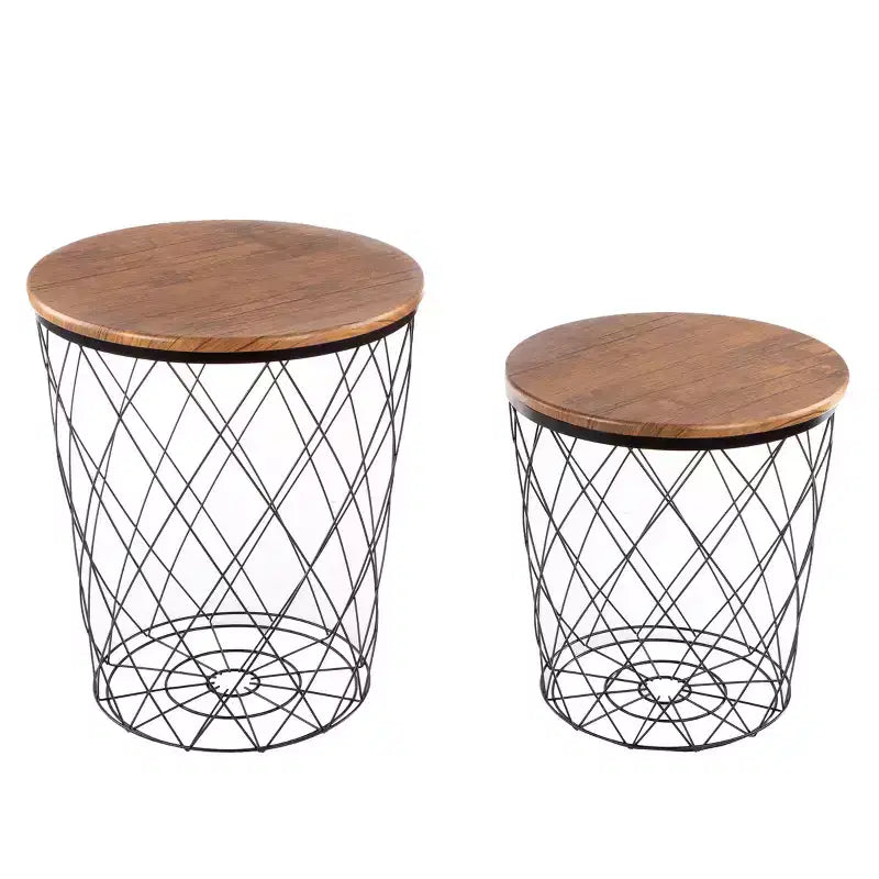 Table d'appoint Lavish Home avec rangement - Lot de 2 tables basses gigognes rondes avec panier en fil métallique à motif diamant, plateaux en bois, table d'appoint de style industriel et rustique