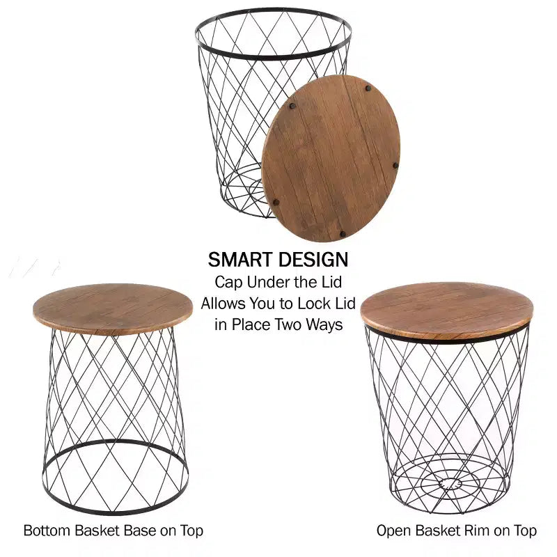 Table d'appoint Lavish Home avec rangement - Lot de 2 tables basses gigognes rondes avec panier en fil métallique à motif diamant, plateaux en bois, table d'appoint de style industriel et rustique