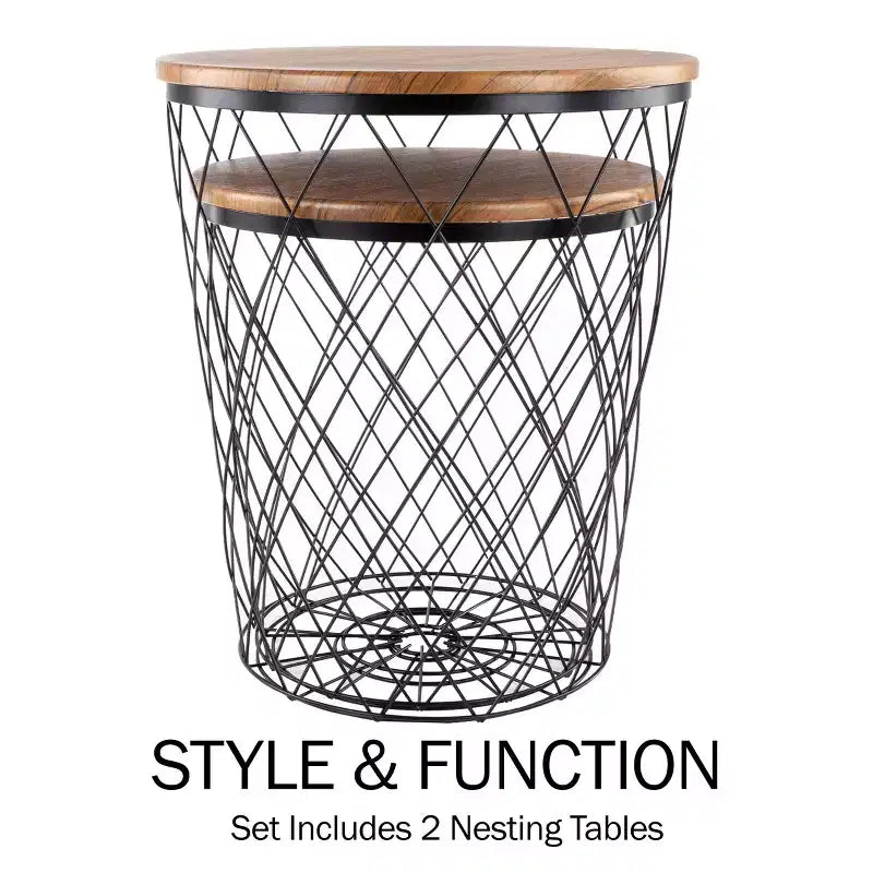 Table d'appoint Lavish Home avec rangement - Lot de 2 tables basses gigognes rondes avec panier en fil métallique à motif diamant, plateaux en bois, table d'appoint de style industriel et rustique