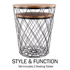 Table d'appoint Lavish Home avec rangement - Lot de 2 tables basses gigognes rondes avec panier en fil métallique à motif diamant, plateaux en bois, table d'appoint de style industriel et rustique