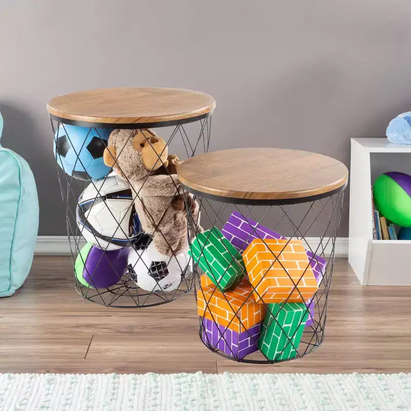Table d'appoint Lavish Home avec rangement - Lot de 2 tables basses gigognes rondes avec panier en fil métallique à motif diamant, plateaux en bois, table d'appoint de style industriel et rustique