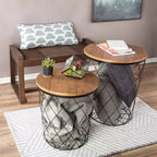 Table d'appoint Lavish Home avec rangement - Lot de 2 tables basses gigognes rondes avec panier en fil métallique à motif diamant, plateaux en bois, table d'appoint de style industriel et rustique