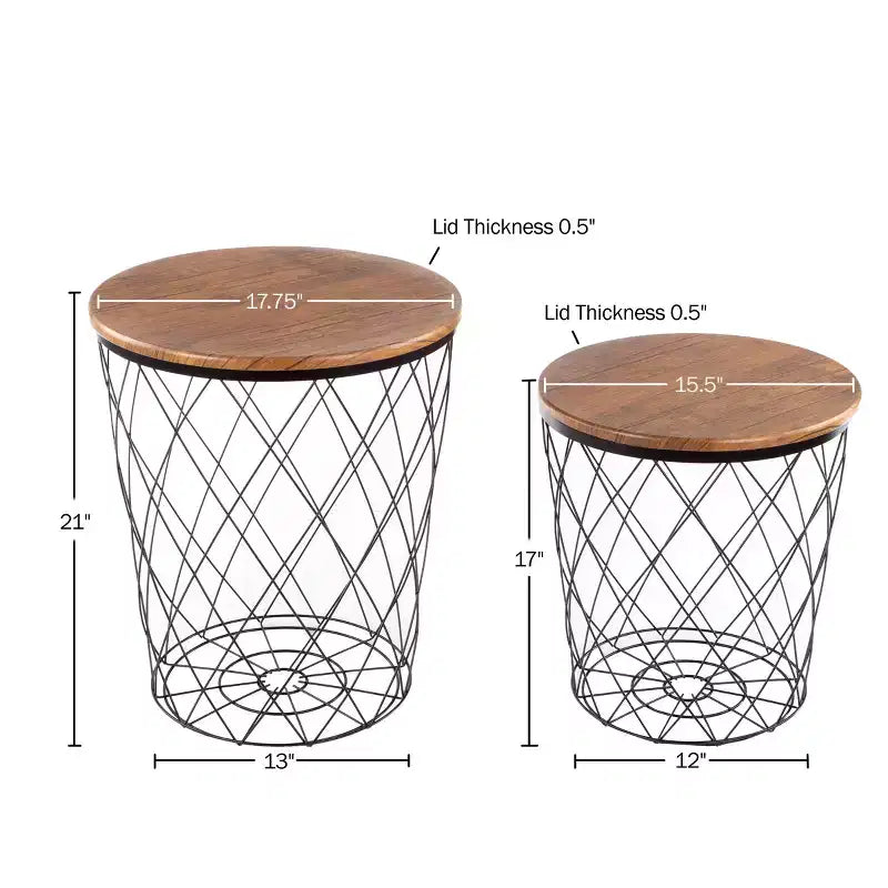 Table d'appoint Lavish Home avec rangement - Lot de 2 tables basses gigognes rondes avec panier en fil métallique à motif diamant, plateaux en bois, table d'appoint de style industriel et rustique