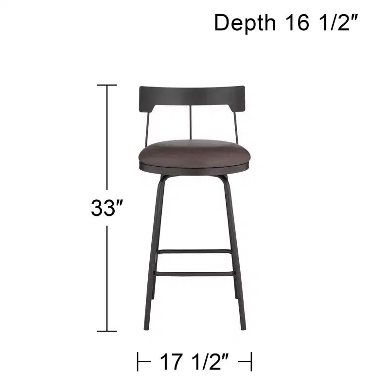 Tabouret de bar pivotant Elm Lane Maxwell en métal noir mat, hauteur 26 pouces, avec coussin rond en cuir marron rustique et dossier bas, repose-pieds pour comptoir de cuisine