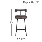 Tabouret de bar pivotant Elm Lane Maxwell en métal noir mat, hauteur 26 pouces, avec coussin rond en cuir marron rustique et dossier bas, repose-pieds pour comptoir de cuisine