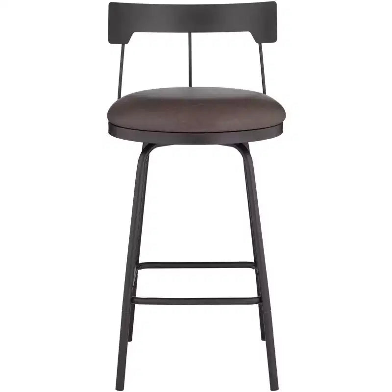 Tabouret de bar pivotant Elm Lane Maxwell en métal noir mat, hauteur 26 pouces, avec coussin rond en cuir marron rustique et dossier bas, repose-pieds pour comptoir de cuisine