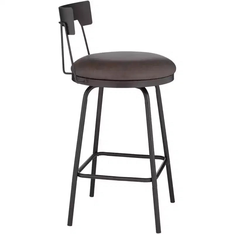 Tabouret de bar pivotant Elm Lane Maxwell en métal noir mat, hauteur 26 pouces, avec coussin rond en cuir marron rustique et dossier bas, repose-pieds pour comptoir de cuisine