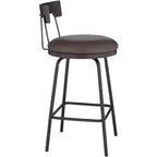 Tabouret de bar pivotant Elm Lane Maxwell en métal noir mat, hauteur 26 pouces, avec coussin rond en cuir marron rustique et dossier bas, repose-pieds pour comptoir de cuisine
