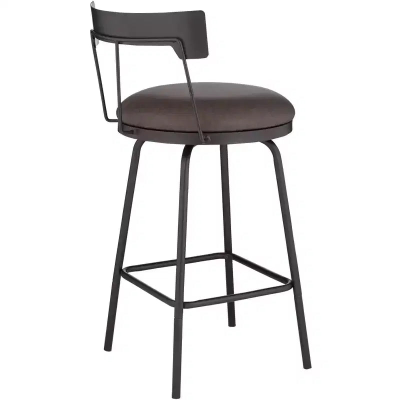 Tabouret de bar pivotant Elm Lane Maxwell en métal noir mat, hauteur 26 pouces, avec coussin rond en cuir marron rustique et dossier bas, repose-pieds pour comptoir de cuisine