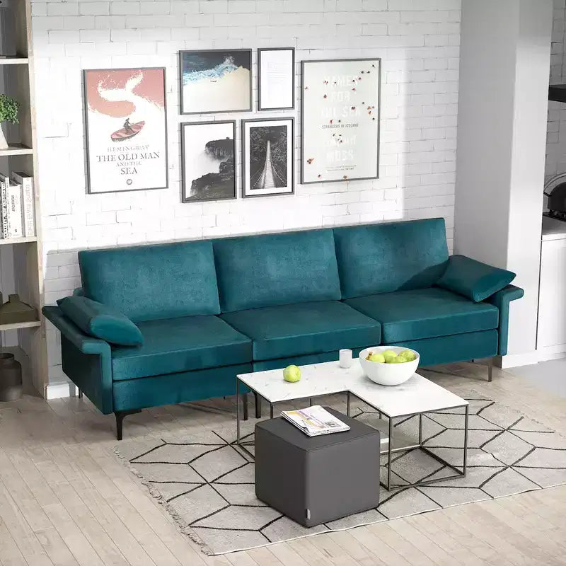 Costway Canapé modulable moderne en tissu 3 places, meuble de salon avec pieds en métal, bleu/gris