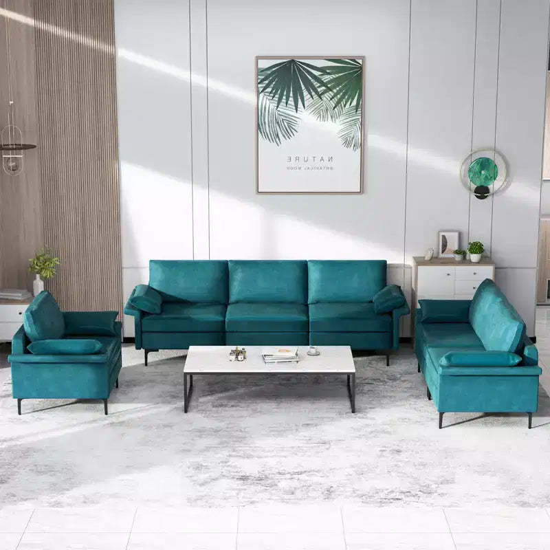 Costway Canapé modulable moderne en tissu 3 places, meuble de salon avec pieds en métal, bleu/gris