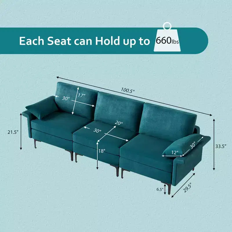 Costway Canapé modulable moderne en tissu 3 places, meuble de salon avec pieds en métal, bleu/gris
