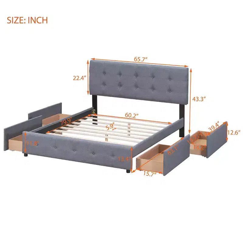 Lit plateforme rembourré Queen Size avec tête de lit classique et 4 tiroirs - ModernLuxe