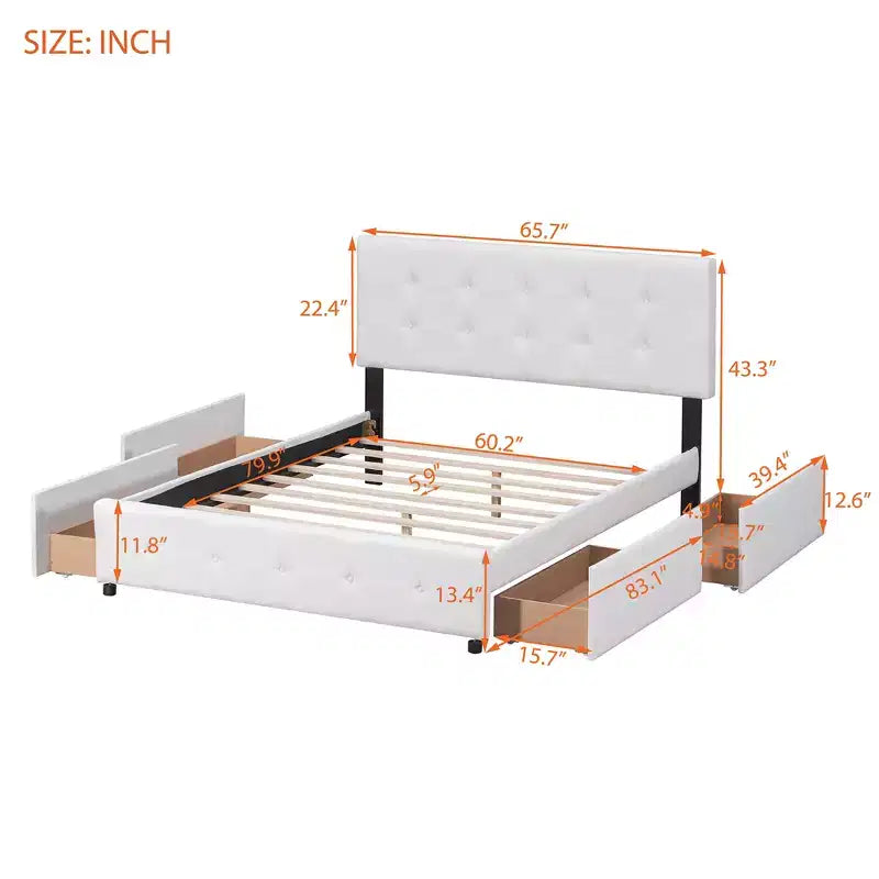 Lit plateforme rembourré Queen Size avec tête de lit classique et 4 tiroirs - ModernLuxe