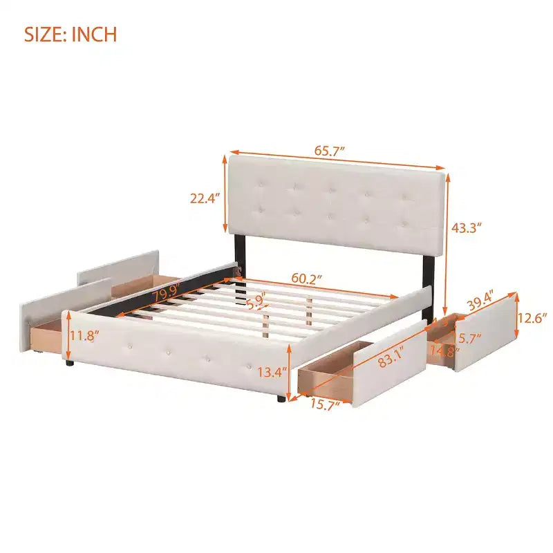Lit plateforme rembourré Queen Size avec tête de lit classique et 4 tiroirs - ModernLuxe