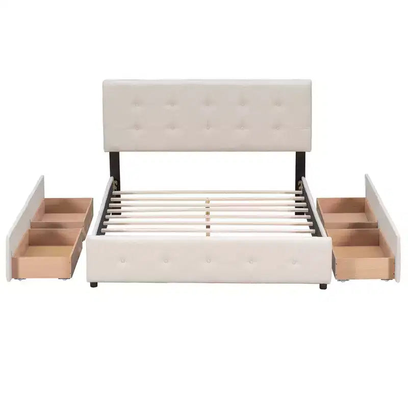 Lit plateforme rembourré Queen Size avec tête de lit classique et 4 tiroirs - ModernLuxe