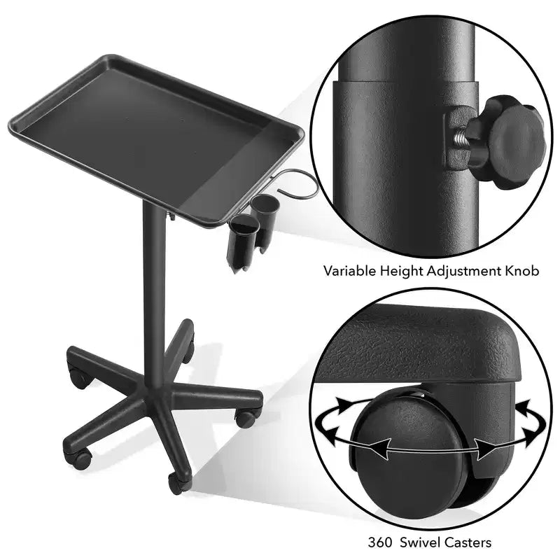 Plateau à instruments premium en aluminium Saloniture - Chariot de coiffeur avec support d'accessoires - Noir
