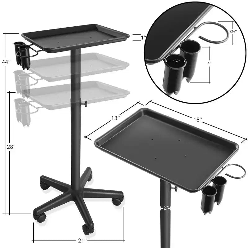 Plateau à instruments premium en aluminium Saloniture - Chariot de coiffeur avec support d'accessoires - Noir