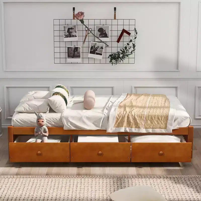 Lit plateforme double, cadre de lit en bois avec 3 tiroirs - ModernLuxe