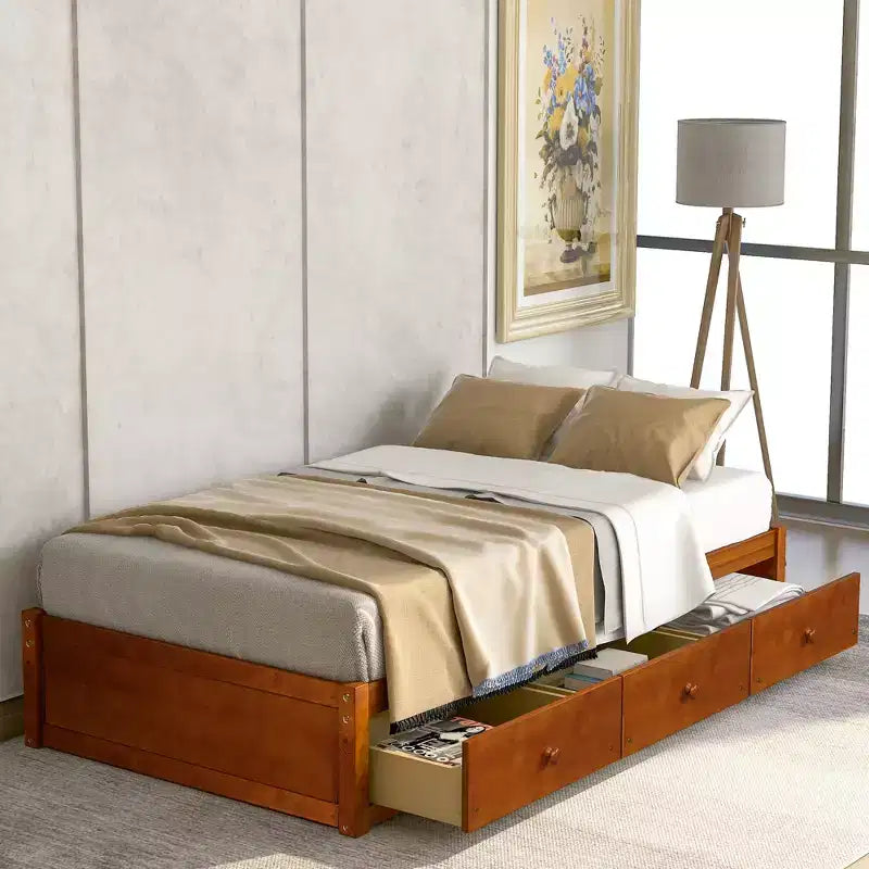 Lit plateforme double, cadre de lit en bois avec 3 tiroirs - ModernLuxe