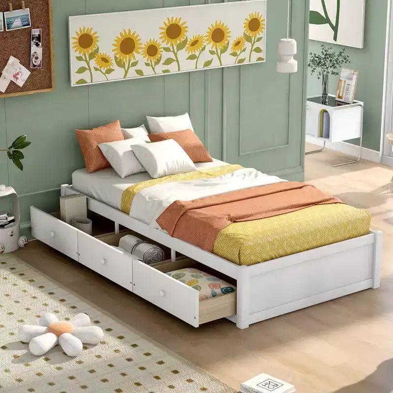 Lit plateforme double, cadre de lit en bois avec 3 tiroirs - ModernLuxe