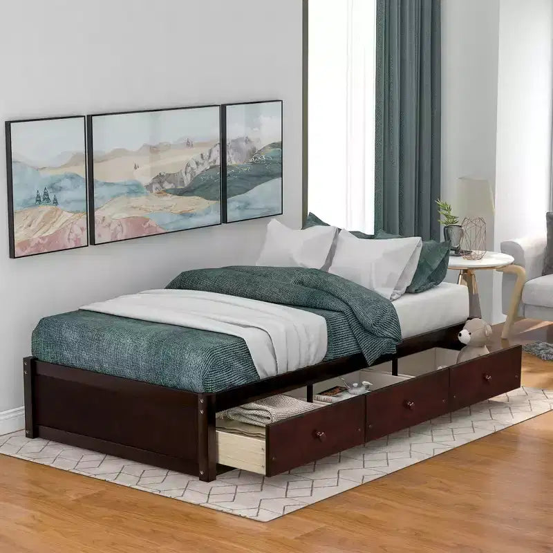 Lit plateforme double, cadre de lit en bois avec 3 tiroirs - ModernLuxe