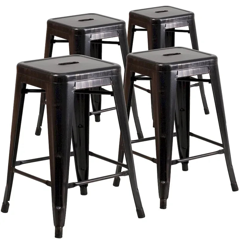 Lot de 4 tabourets de comptoir sans dossier en métal de 61 cm, pour l'intérieur ou l'extérieur, avec assise carrée