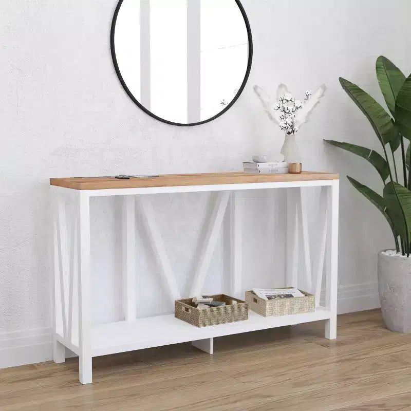 Merrick Lane Table console moderne en bois composite style ferme avec entretoises en bois et étagère inférieure