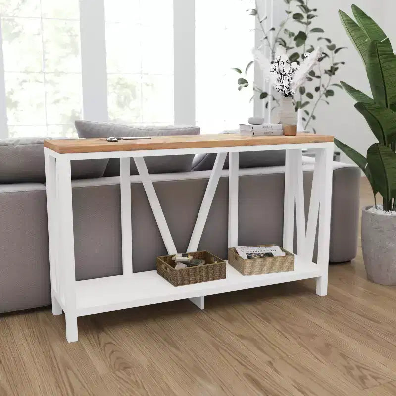 Merrick Lane Table console moderne en bois composite style ferme avec entretoises en bois et étagère inférieure