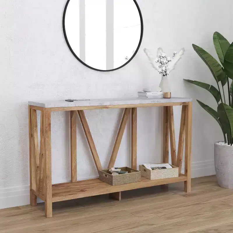 Merrick Lane Table console moderne en bois composite style ferme avec entretoises en bois et étagère inférieure