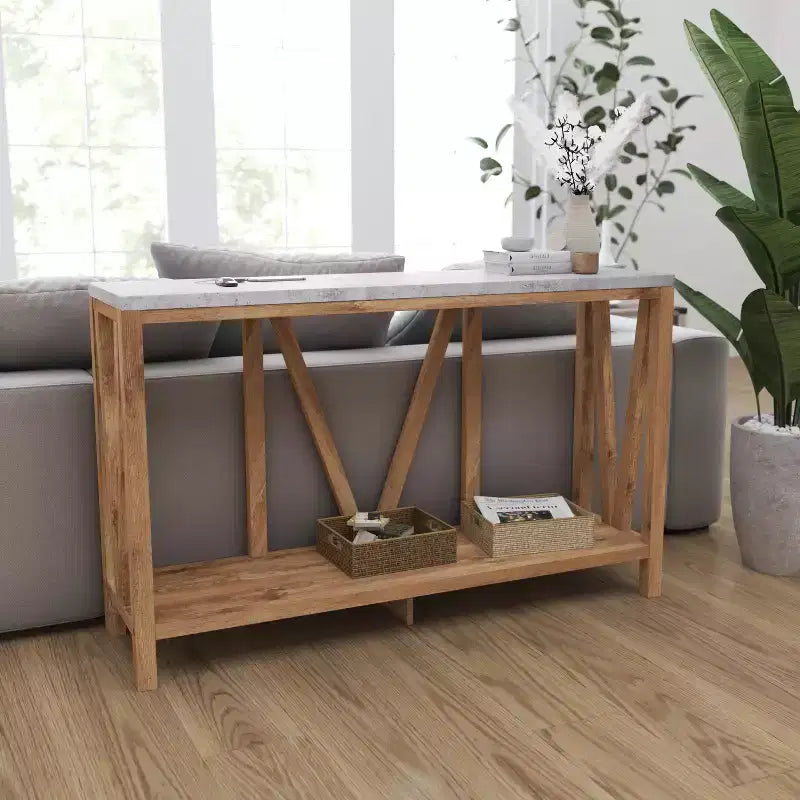 Merrick Lane Table console moderne en bois composite style ferme avec entretoises en bois et étagère inférieure