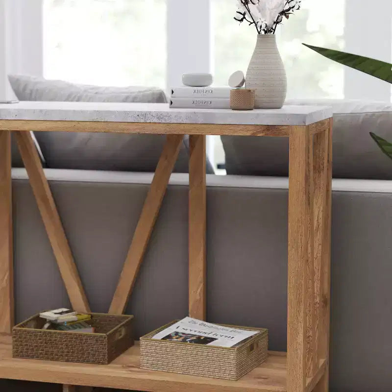 Merrick Lane Table console moderne en bois composite style ferme avec entretoises en bois et étagère inférieure