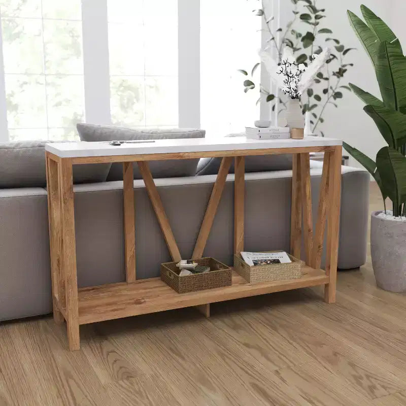 Merrick Lane Table console moderne en bois composite style ferme avec entretoises en bois et étagère inférieure
