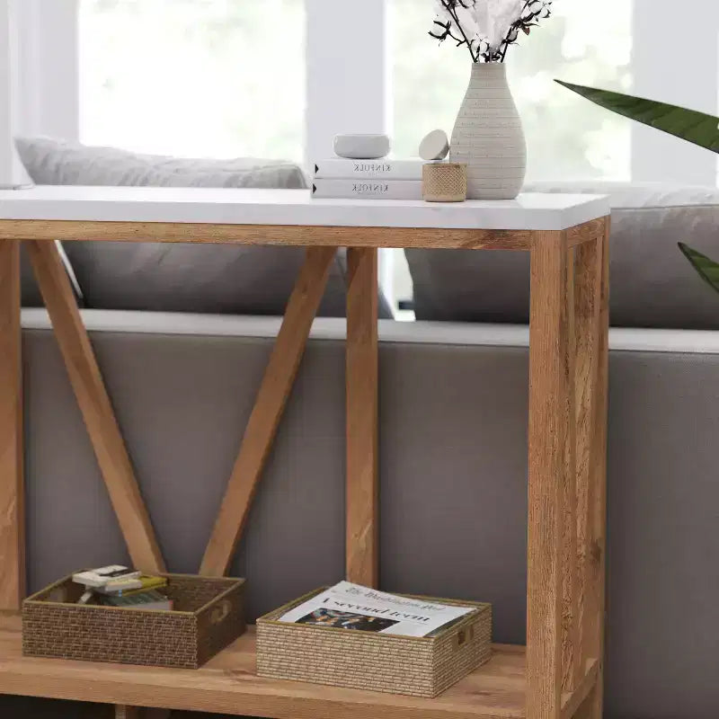 Merrick Lane Table console moderne en bois composite style ferme avec entretoises en bois et étagère inférieure