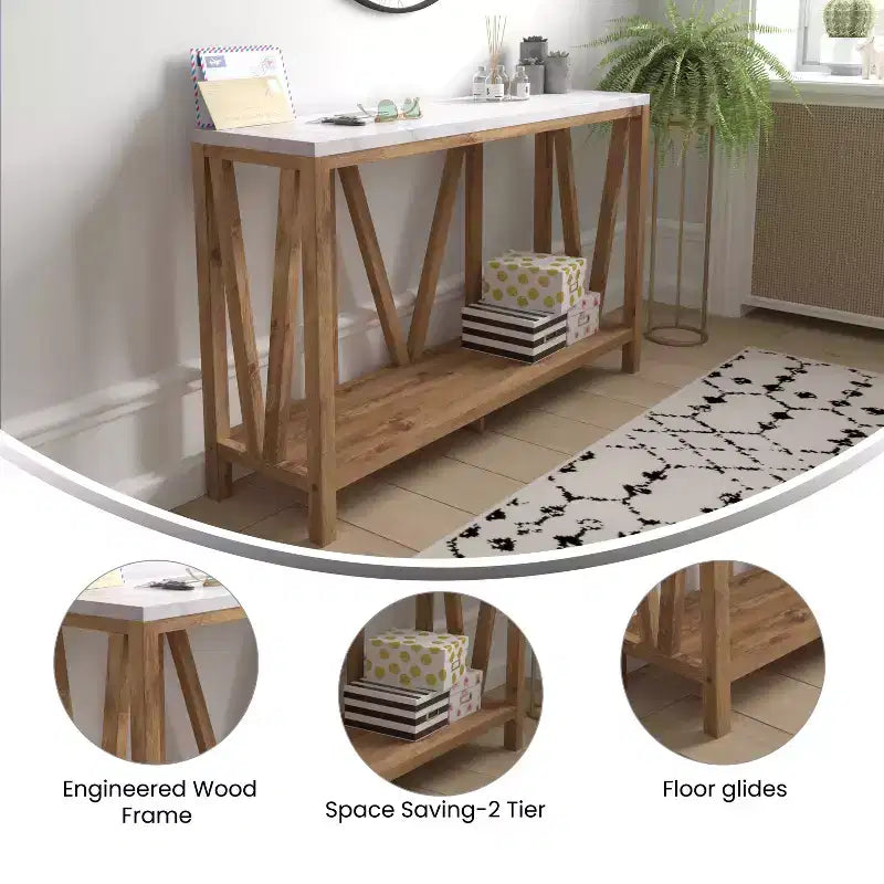 Merrick Lane Table console moderne en bois composite style ferme avec entretoises en bois et étagère inférieure