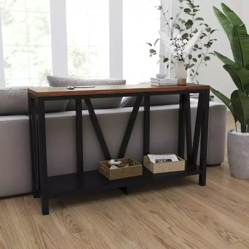 Merrick Lane Table console moderne en bois composite style ferme avec entretoises en bois et étagère inférieure