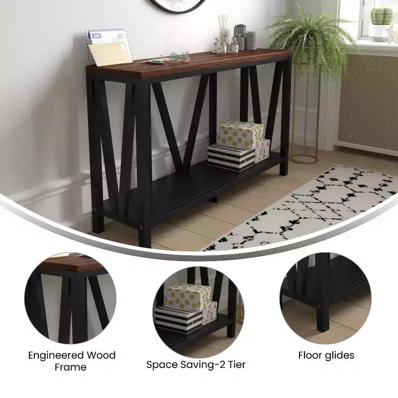 Merrick Lane Table console moderne en bois composite style ferme avec entretoises en bois et étagère inférieure