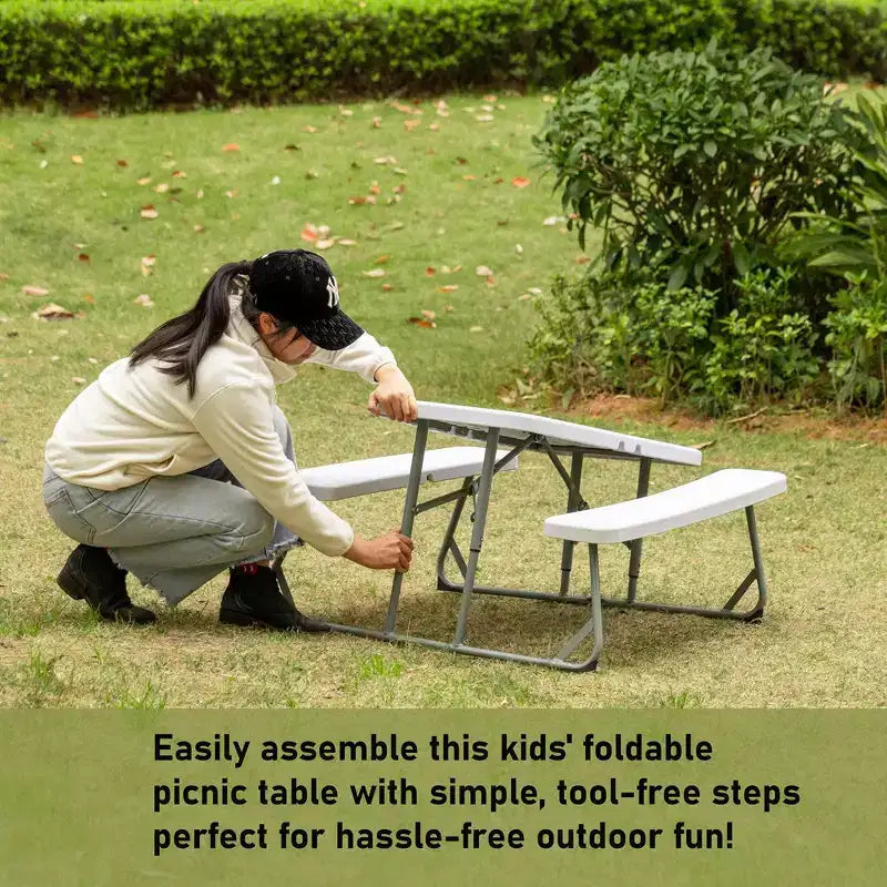 Table de pique-nique pliable blanche pour enfants avec banc, table d'extérieur portable pour enfants, pour le jardin, les activités manuelles, les repas et les jeux