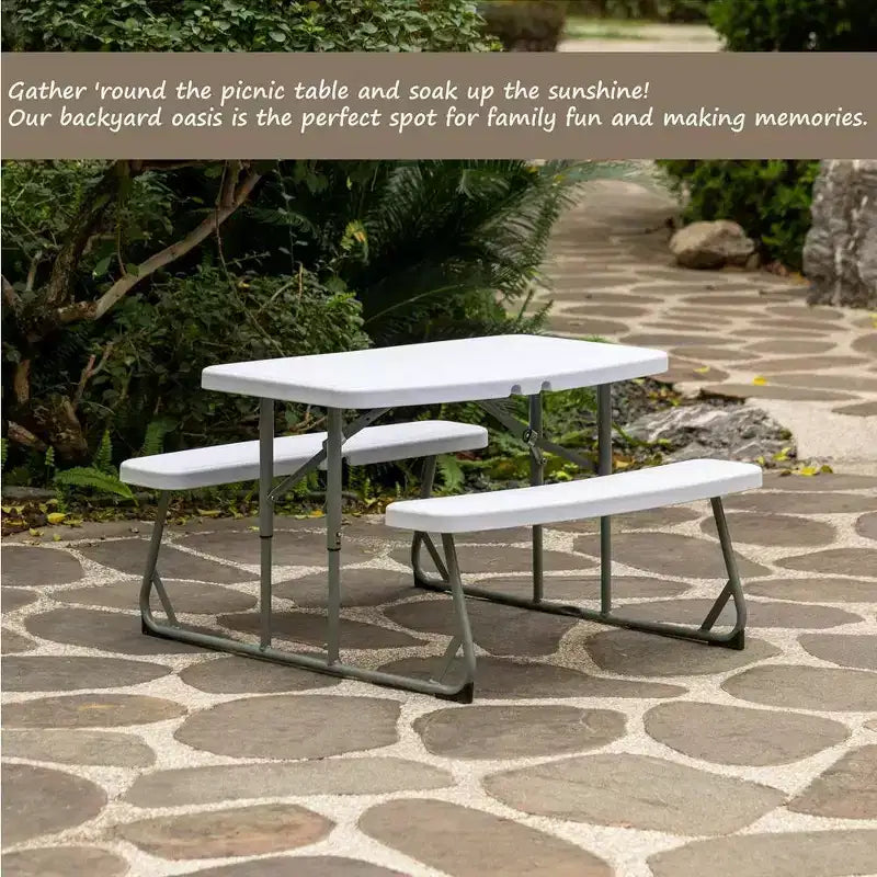 Table de pique-nique pliable blanche pour enfants avec banc, table d'extérieur portable pour enfants, pour le jardin, les activités manuelles, les repas et les jeux