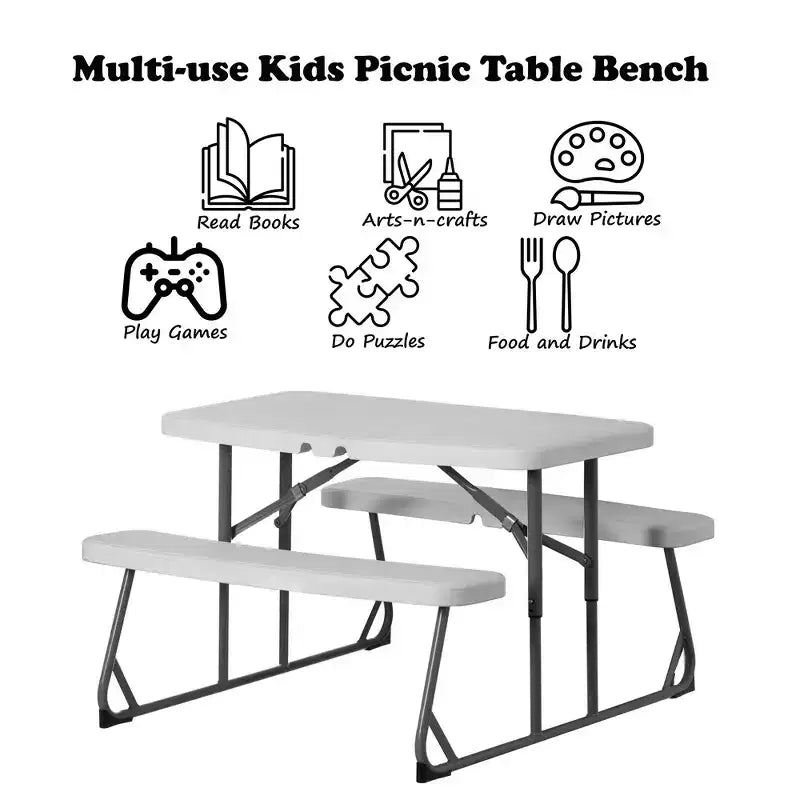 Table de pique-nique pliable blanche pour enfants avec banc, table d'extérieur portable pour enfants, pour le jardin, les activités manuelles, les repas et les jeux
