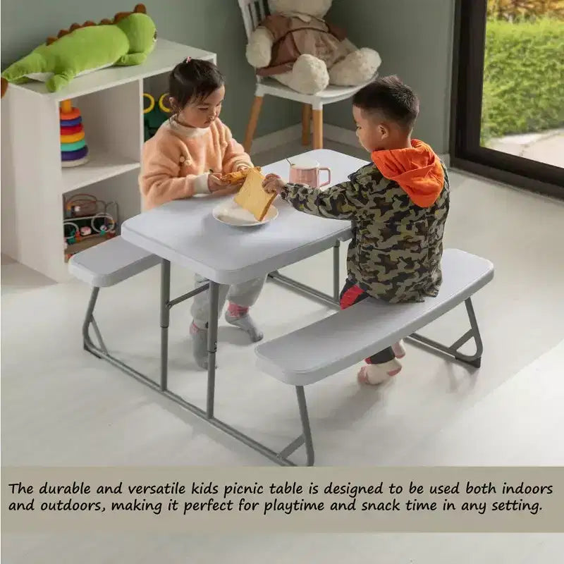 Table de pique-nique pliable blanche pour enfants avec banc, table d'extérieur portable pour enfants, pour le jardin, les activités manuelles, les repas et les jeux