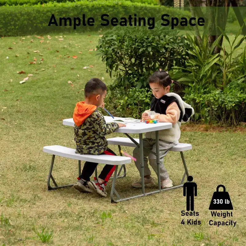 Table de pique-nique pliable blanche pour enfants avec banc, table d'extérieur portable pour enfants, pour le jardin, les activités manuelles, les repas et les jeux