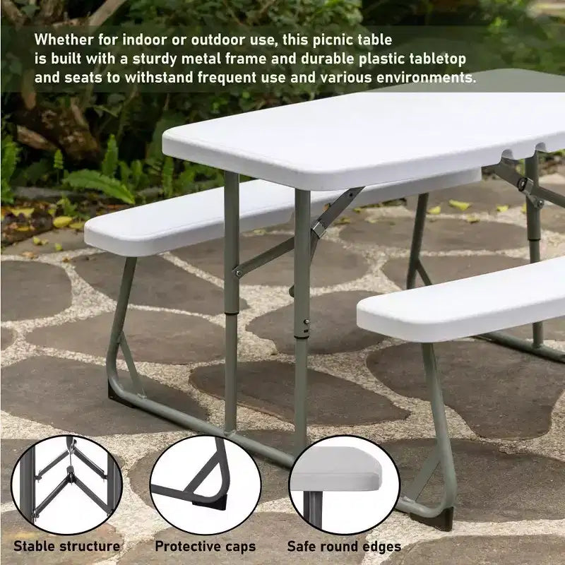 Table de pique-nique pliable blanche pour enfants avec banc, table d'extérieur portable pour enfants, pour le jardin, les activités manuelles, les repas et les jeux