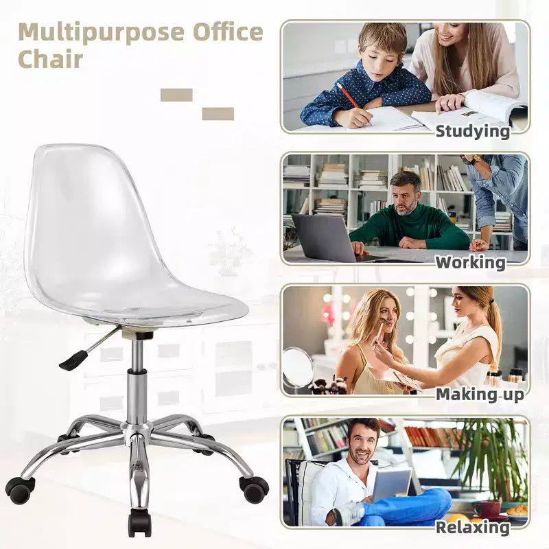 Costway Lot de 2 Chaises de Bureau sans Accoudoirs en Acrylique à Roulettes Chaise de Coiffeuse Pivotante Transparente Réglable