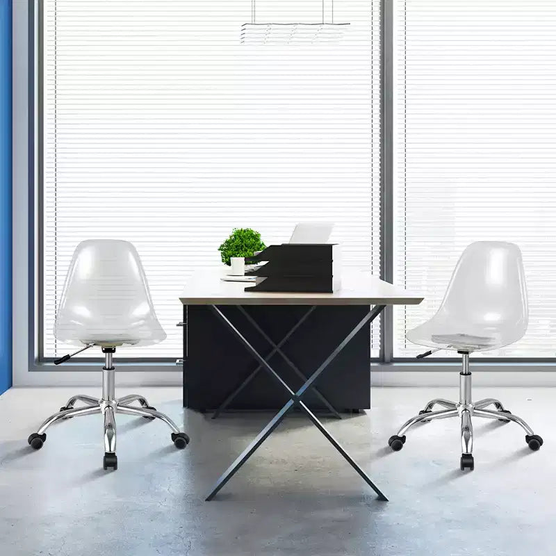 Costway Lot de 2 Chaises de Bureau sans Accoudoirs en Acrylique à Roulettes Chaise de Coiffeuse Pivotante Transparente Réglable