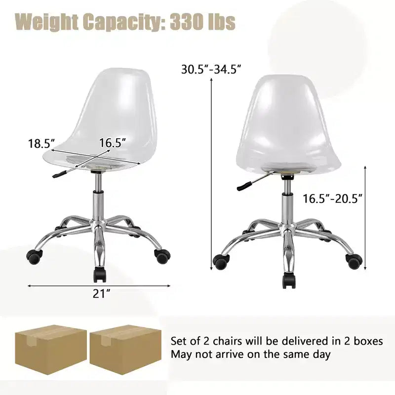 Costway Lot de 2 Chaises de Bureau sans Accoudoirs en Acrylique à Roulettes Chaise de Coiffeuse Pivotante Transparente Réglable