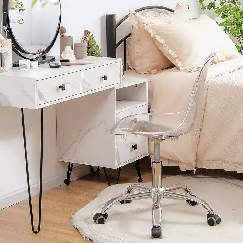 Costway Lot de 2 Chaises de Bureau sans Accoudoirs en Acrylique à Roulettes Chaise de Coiffeuse Pivotante Transparente Réglable