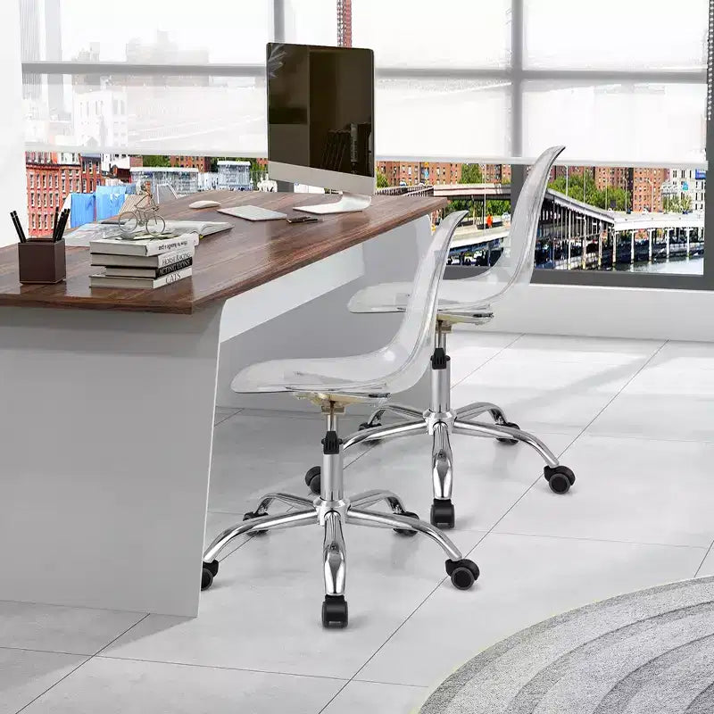 Costway Lot de 2 Chaises de Bureau sans Accoudoirs en Acrylique à Roulettes Chaise de Coiffeuse Pivotante Transparente Réglable