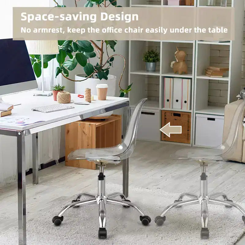 Costway Lot de 2 Chaises de Bureau sans Accoudoirs en Acrylique à Roulettes Chaise de Coiffeuse Pivotante Transparente Réglable